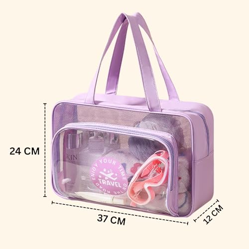 Gowloz Large Transparent PVC & PU Travel Bag – Purple Multipurpose Handbag | Waterproof Tote for Makeup, Toiletries, Gym & Beach Essentials (Pack of 1) - Image 2