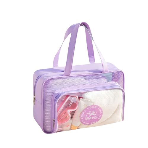 Gowloz Large Transparent PVC & PU Travel Bag – Purple Multipurpose Handbag | Waterproof Tote for Makeup, Toiletries, Gym & Beach Essentials (Pack of 1) - Image 1