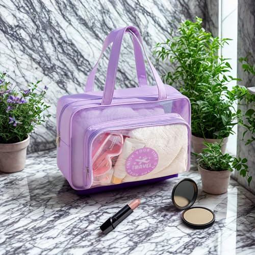 Gowloz Large Transparent PVC & PU Travel Bag – Purple Multipurpose Handbag | Waterproof Tote for Makeup, Toiletries, Gym & Beach Essentials (Pack of 1) - Image 3