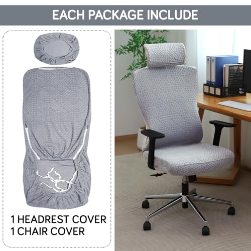 HOKIPO Office Chair Cover with Headrest (High-Back) – 170 GSM Stretch Jacquard – Washable, Anti-Slip Fit for Ergonomic Mesh Office Chairs, Light Grey (AR-6220-LGRY) - Image 3