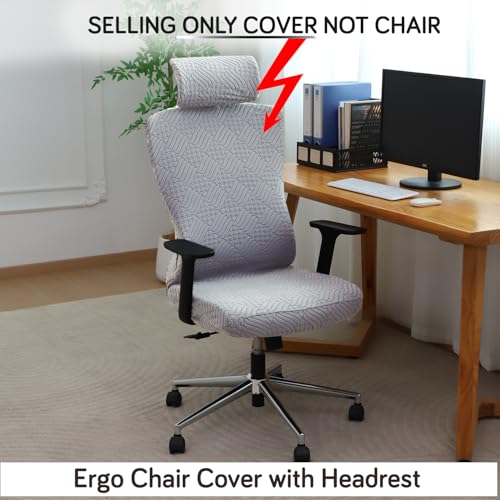 HOKIPO Office Chair Cover with Headrest (High-Back) – 170 GSM Stretch Jacquard – Washable, Anti-Slip Fit for Ergonomic Mesh Office Chairs, Light Grey (AR-6220-LGRY) - Image 2