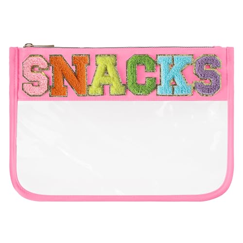 DYSHAYEN Chenille Letter Clear Zipper Pouch for TravelNylon Clear Cosmetic BagMakeup Travel Bag for Women Girls 118 Inches x 82 Inches PinkSnacks - Image 1