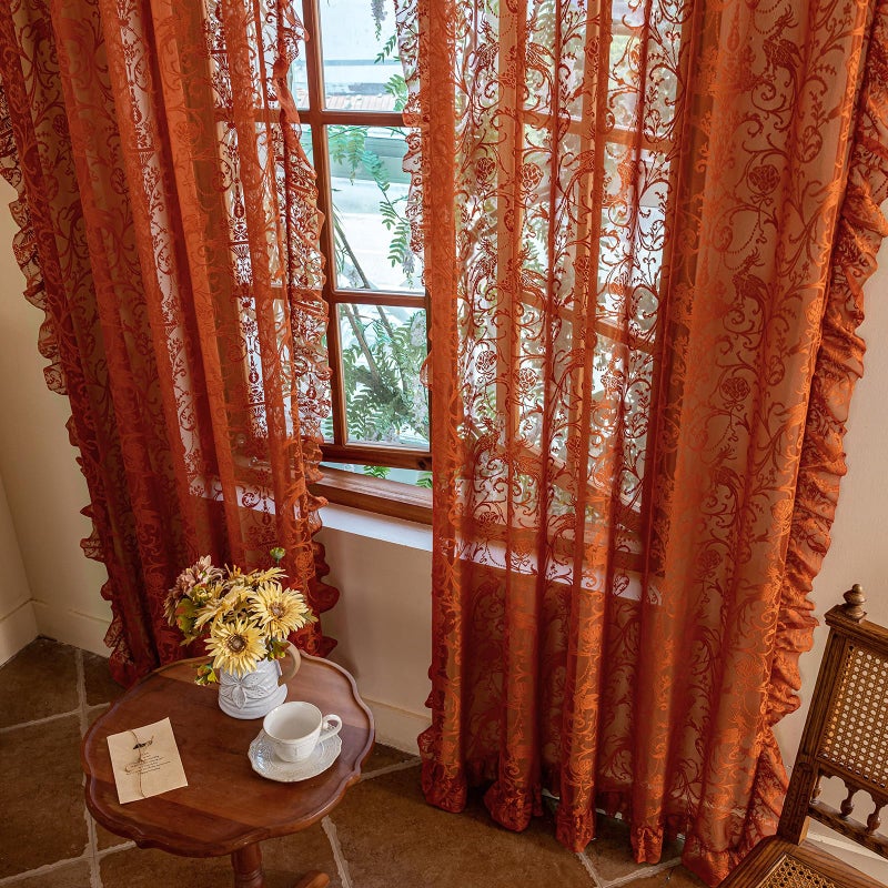 TUDECO Burnt Orange Lace Curtains for Living Room 2 Panels - Vibrant Floral Branch Ruffle Sheer Terracotta Curtains, Boho Rod Pocket Bright Privacy Autumn Window Treatments, 59W x 84L, Terracotta - Image 5