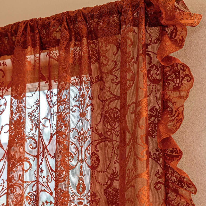 TUDECO Burnt Orange Lace Curtains for Living Room 2 Panels - Vibrant Floral Branch Ruffle Sheer Terracotta Curtains, Boho Rod Pocket Bright Privacy Autumn Window Treatments, 59W x 84L, Terracotta - Image 2