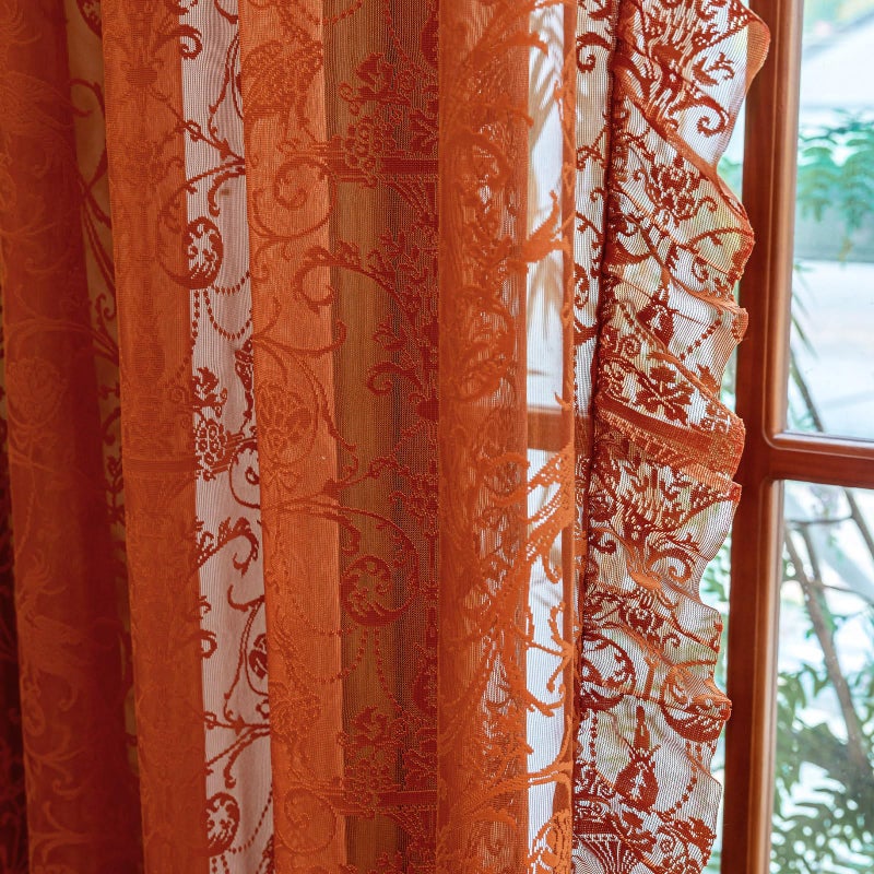 TUDECO Burnt Orange Lace Curtains for Living Room 2 Panels - Vibrant Floral Branch Ruffle Sheer Terracotta Curtains, Boho Rod Pocket Bright Privacy Autumn Window Treatments, 59W x 84L, Terracotta - Image 1