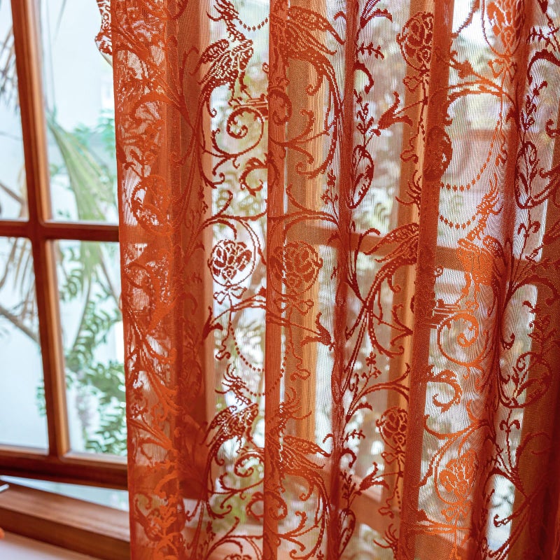 TUDECO Burnt Orange Lace Curtains for Living Room 2 Panels - Vibrant Floral Branch Ruffle Sheer Terracotta Curtains, Boho Rod Pocket Bright Privacy Autumn Window Treatments, 59W x 84L, Terracotta - Image 3
