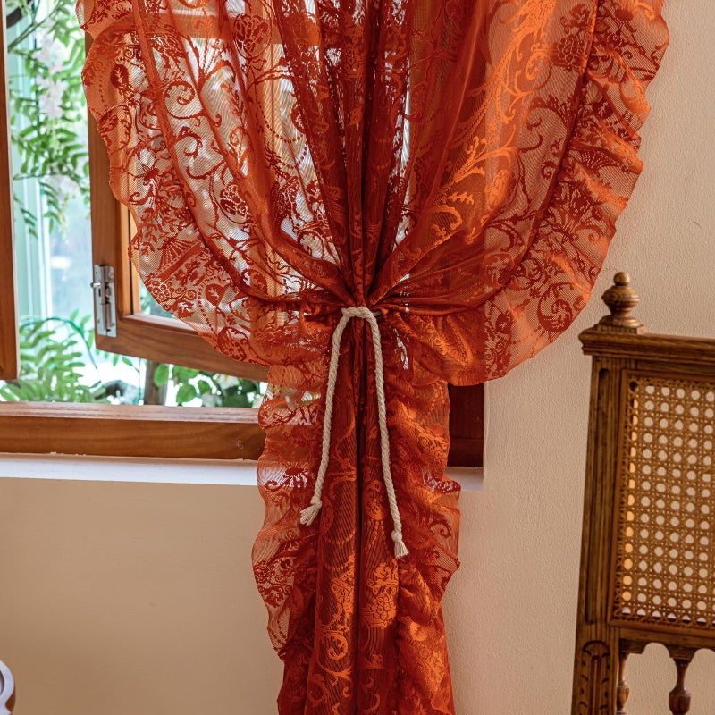 TUDECO Burnt Orange Lace Curtains for Living Room 2 Panels - Vibrant Floral Branch Ruffle Sheer Terracotta Curtains, Boho Rod Pocket Bright Privacy Autumn Window Treatments, 59W x 84L, Terracotta - Image 4