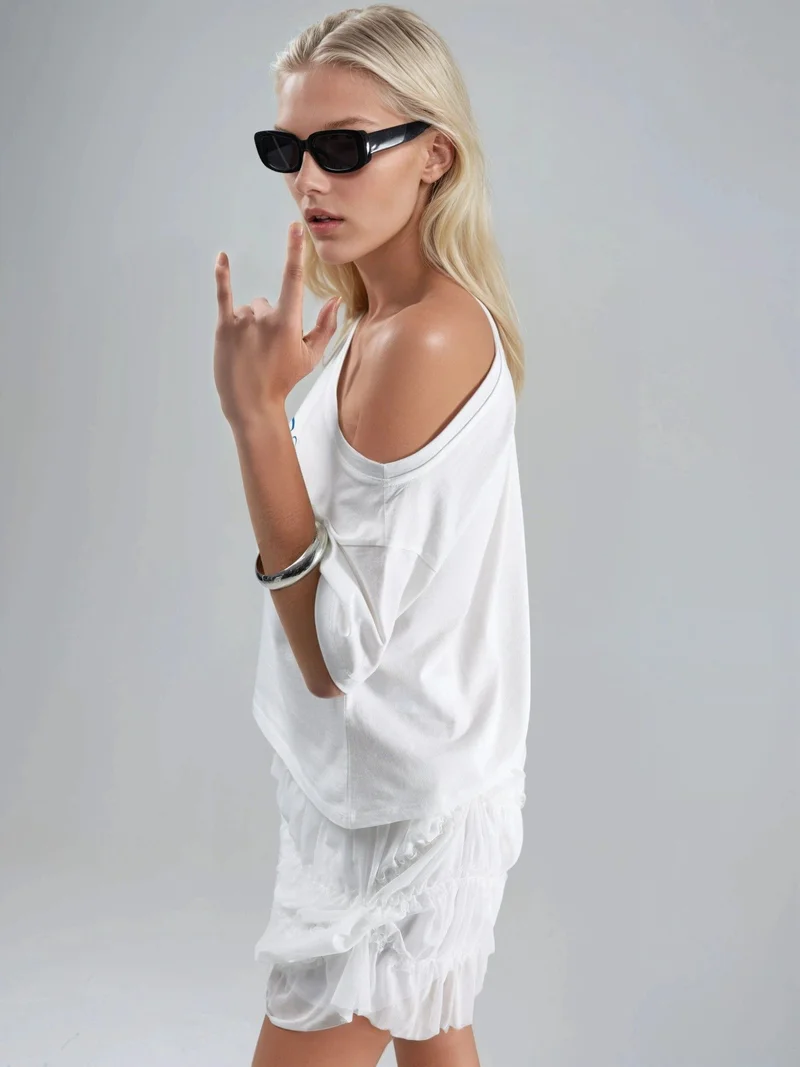 HICCUP Printed Boat Neck One-Shoulder T-Shirt