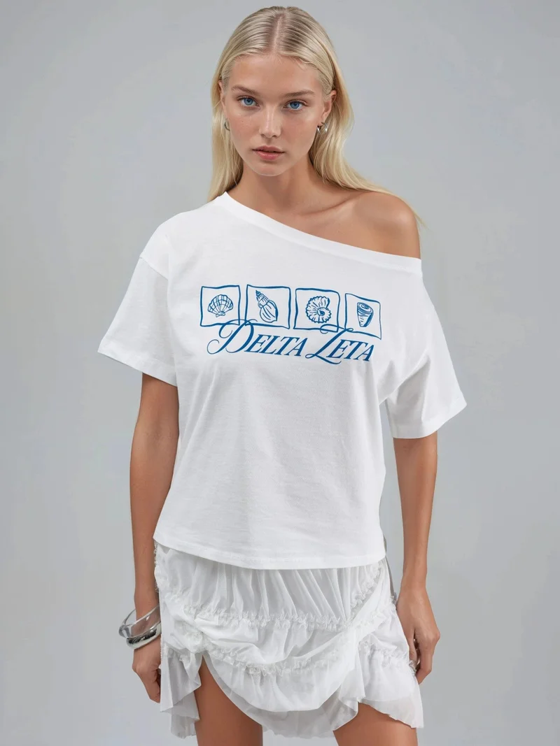 HICCUP Printed Boat Neck One-Shoulder T-Shirt