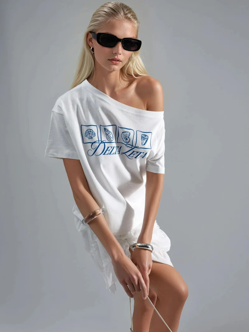 Hiccup Dusty White Printed Boat Neck One-Shoulder T-Shirt for Women | Best Price UAE
