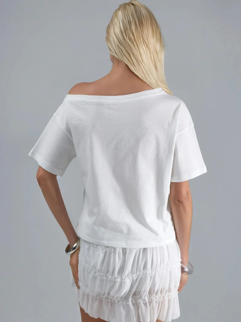Hiccup Dusty White Printed Boat Neck One-Shoulder T-Shirt for Women | Best Price UAE