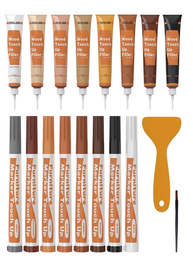 REALINN Wood Furniture Repair Kit 8 Light Colors- Wood Fillers and Touch Up Markers, Repair Scratch, Cracks, Discoloration for Wooden Door, Floor, Table, Cabinet - Image 1