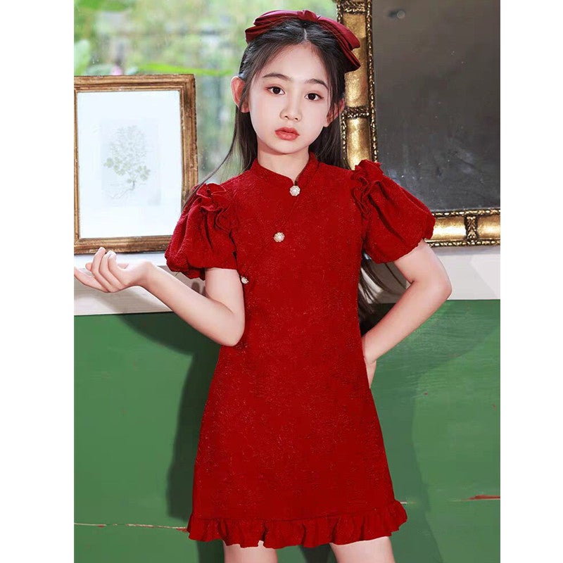 Girls Summer Cheongsam Vintage Princess Dress Red 