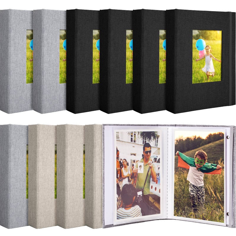 Mimorou ألبوم صور ميمورو 10 قطع صغير 4 × 6 بوصة ألبوم صور 26 صفحة شفافة تحمل 52 صورة غلاف قماش مع نافذة أمامية أسود بيج رمادي