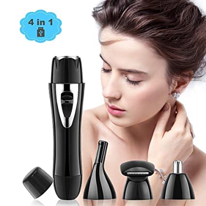 Cleanfly 4 in 1 USB Rechargeable Waterproof Painless Facial Hair, Eyebrow, Nose Electric Trimmer for Women (Black) - Image 1