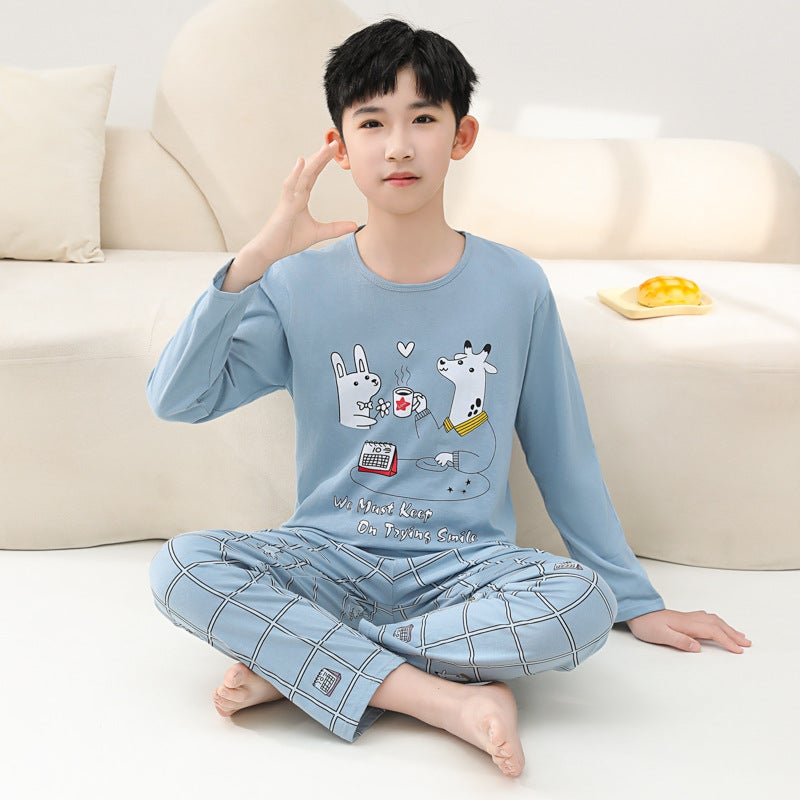 Spring Children'S Loose Casual Pure Cotton Round Neck Air Conditioner Home Clothes Small And Middle-Aged Boys Long-Sleeved Pants Pajamas Two-Piece Set - Image 4