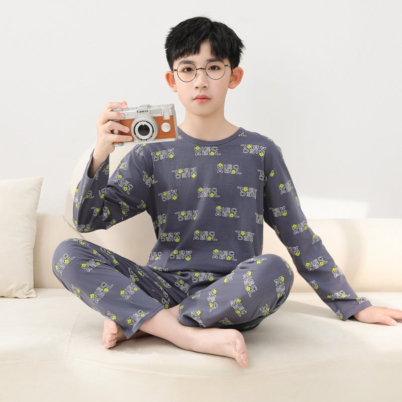 Spring Children'S Loose Casual Pure Cotton Round Neck Air Conditioner Home Clothes Small And Middle-Aged Boys Long-Sleeved Pants Pajamas Two-Piece Set - Image 3