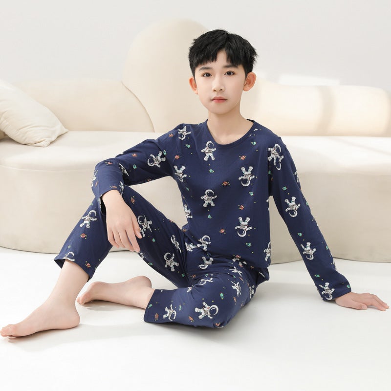 Spring Children'S Loose Casual Pure Cotton Round Neck Air Conditioner Home Clothes Small And Middle-Aged Boys Long-Sleeved Pants Pajamas Two-Piece Set - Image 1