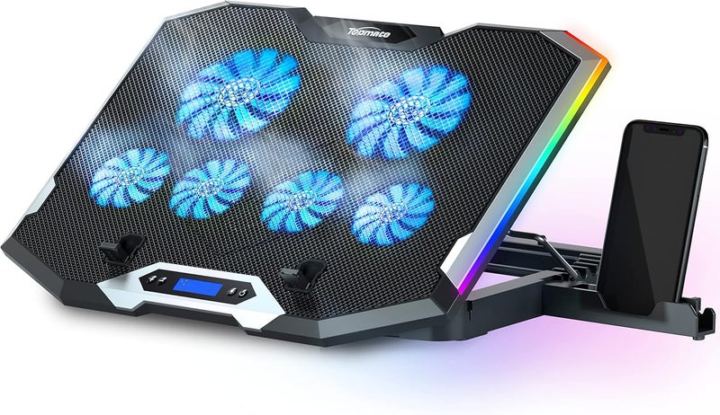 TopMate C11 Laptop Cooling Pad RGB Gaming Notebook Cooler, Laptop Fan Stand Adjustable Height with 6 Quiet Fans and Phone Holder, Computer Chill Mat, for 15.6-17.3 Inch Laptops - Blue LED Light - Image 1