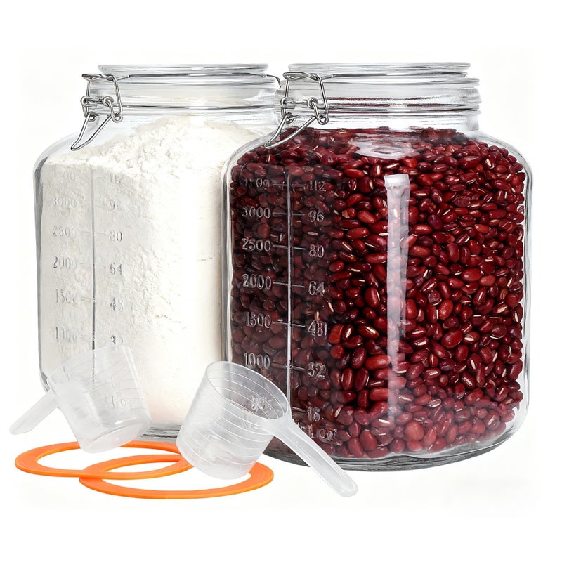 PUSCRIENO 2 Pack 1.1 Gallon Square Super Wide Mouth, Airtight Glass Storage Jars, with Measurement Marks, Leak-Proof Lids for Kitchen Pantry, Canning, Dry Food (Flour, Sugar) & Drinks - Image 1
