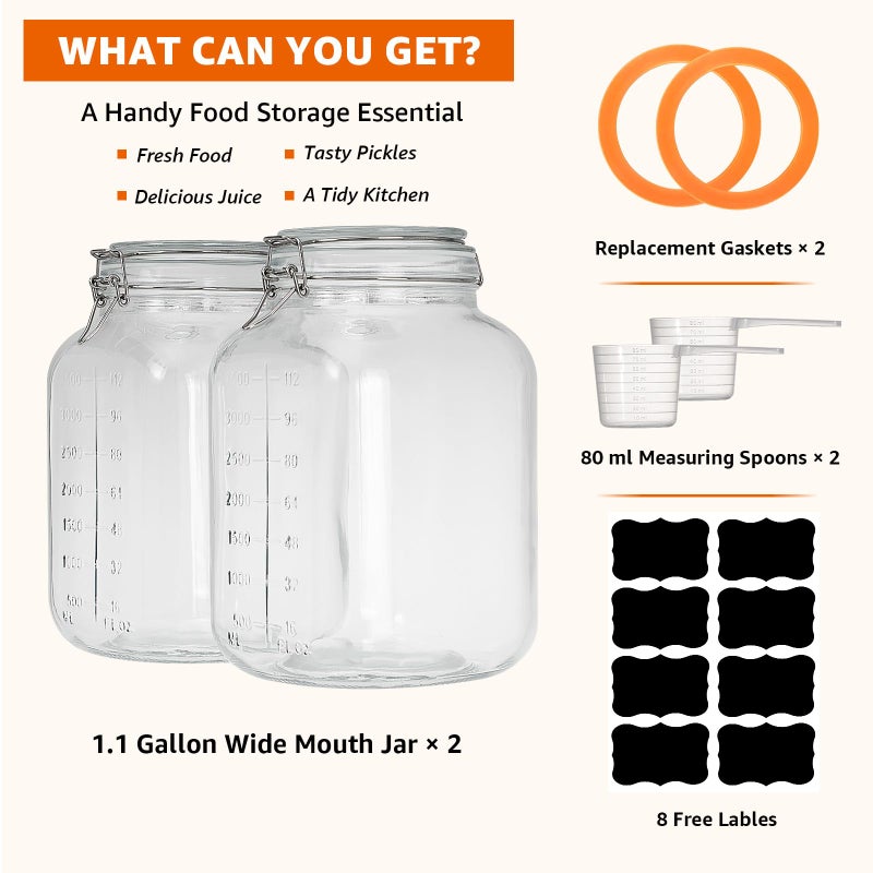 PUSCRIENO 2 Pack 1.1 Gallon Square Super Wide Mouth, Airtight Glass Storage Jars, with Measurement Marks, Leak-Proof Lids for Kitchen Pantry, Canning, Dry Food (Flour, Sugar) & Drinks - Image 5