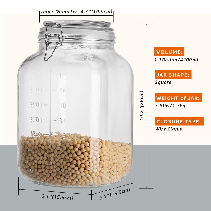 PUSCRIENO 2 Pack 1.1 Gallon Square Super Wide Mouth, Airtight Glass Storage Jars, with Measurement Marks, Leak-Proof Lids for Kitchen Pantry, Canning, Dry Food (Flour, Sugar) & Drinks - Image 4