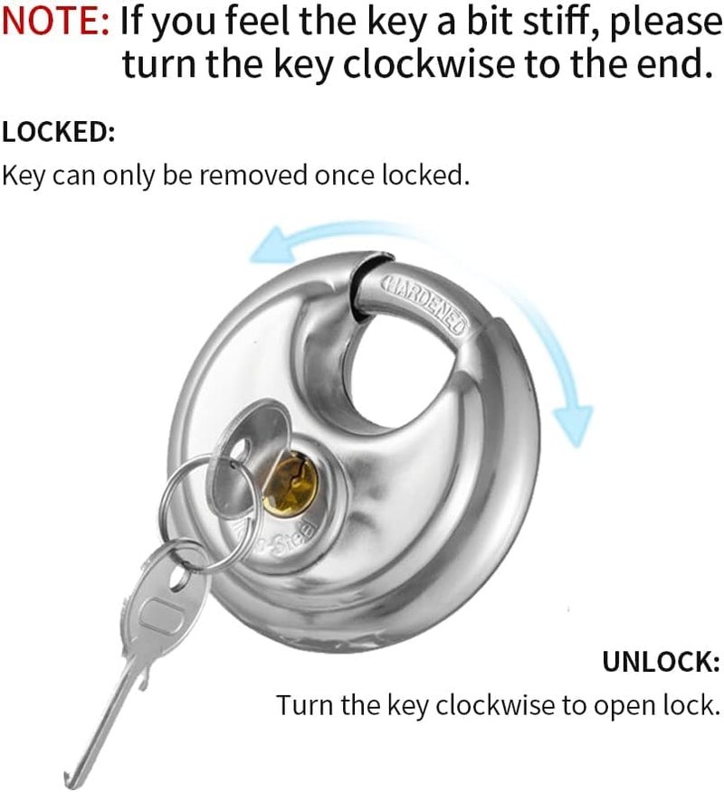 CINCINNO Discus Padlock with Key, 6 Pack Stainless Steel Storage Lock with 2-3/4 in. Wide, 3/8 in. Diameter Shackle, Heav Duty Disc Lock for Storage Unit, Sheds, Garages and Fence - Image 5