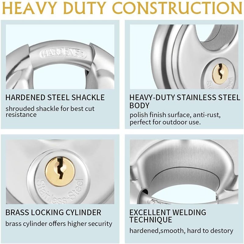 CINCINNO Discus Padlock with Key, 6 Pack Stainless Steel Storage Lock with 2-3/4 in. Wide, 3/8 in. Diameter Shackle, Heav Duty Disc Lock for Storage Unit, Sheds, Garages and Fence - Image 4