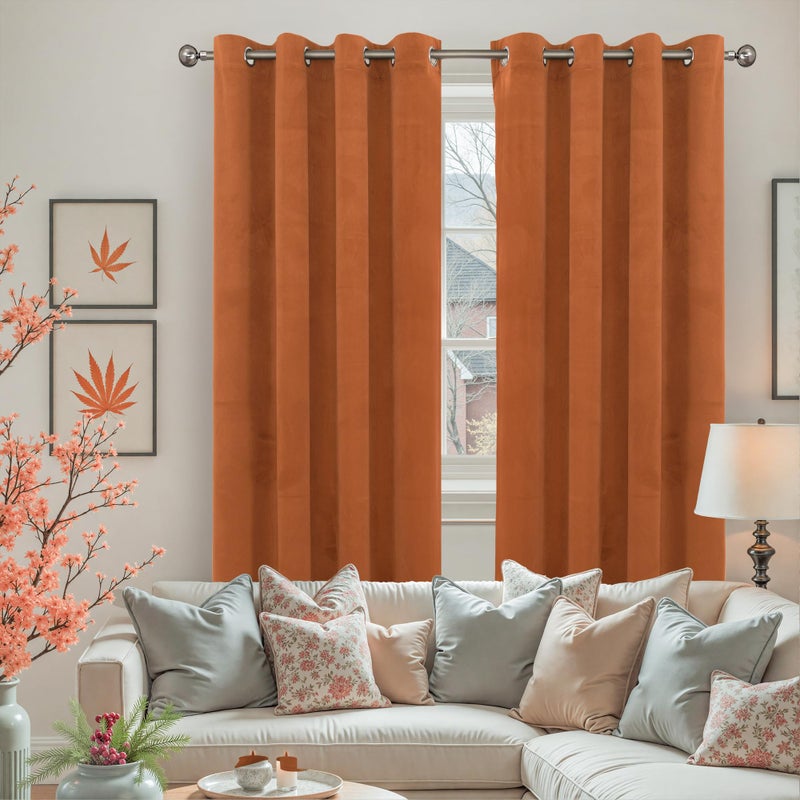 YoungsTex Burnt Orange Velvet Curtains for Living Room 84 Inches Long, Fall Blackout Drapes Thermal Insulated with Grommet Privacy for Dining Bedroom, 2 Panels, 52 X 84 Inch - Image 2