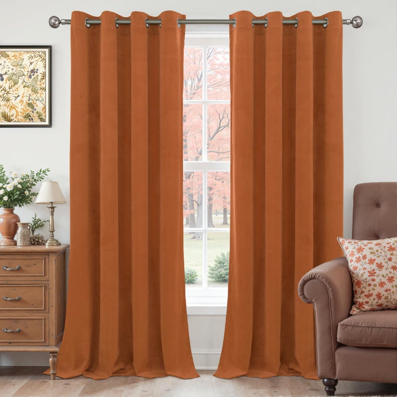YoungsTex Burnt Orange Velvet Curtains for Living Room 84 Inches Long, Fall Blackout Drapes Thermal Insulated with Grommet Privacy for Dining Bedroom, 2 Panels, 52 X 84 Inch - Image 1