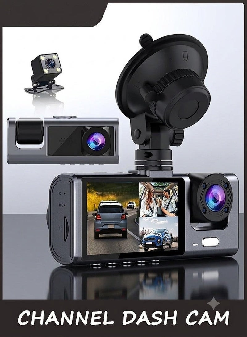 3 Channel Dash Cam Front and Rear Inside, 1080P Dash Camera for Cars, Dashcam Three Way Triple Car Camera with IR Night Vision, Loop Recording, G-Sensor, Parking Monitor, 24 Hours Recording - Image 1