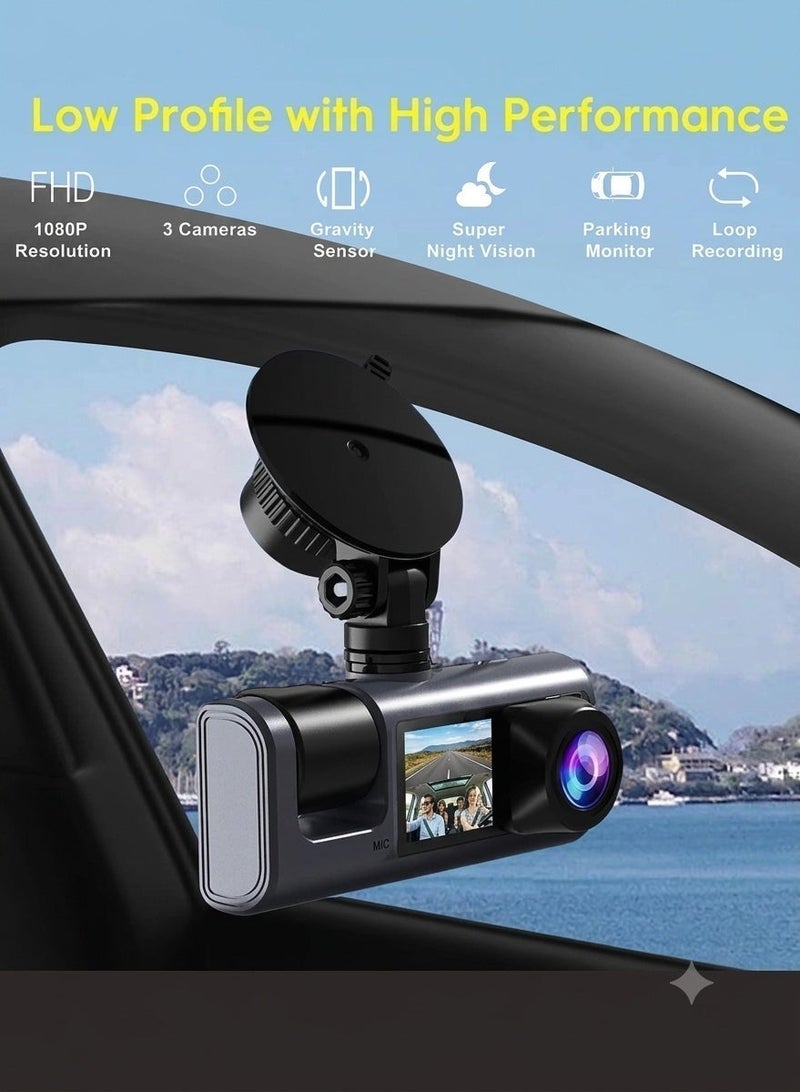 3 Channel Dash Cam Front and Rear Inside, 1080P Dash Camera for Cars, Dashcam Three Way Triple Car Camera with IR Night Vision, Loop Recording, G-Sensor, Parking Monitor, 24 Hours Recording - Image 2