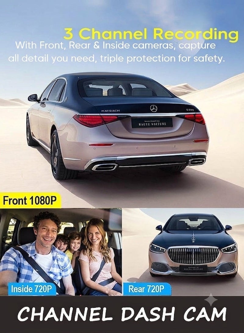 3 Channel Dash Cam Front and Rear Inside, 1080P Dash Camera for Cars, Dashcam Three Way Triple Car Camera with IR Night Vision, Loop Recording, G-Sensor, Parking Monitor, 24 Hours Recording - Image 3