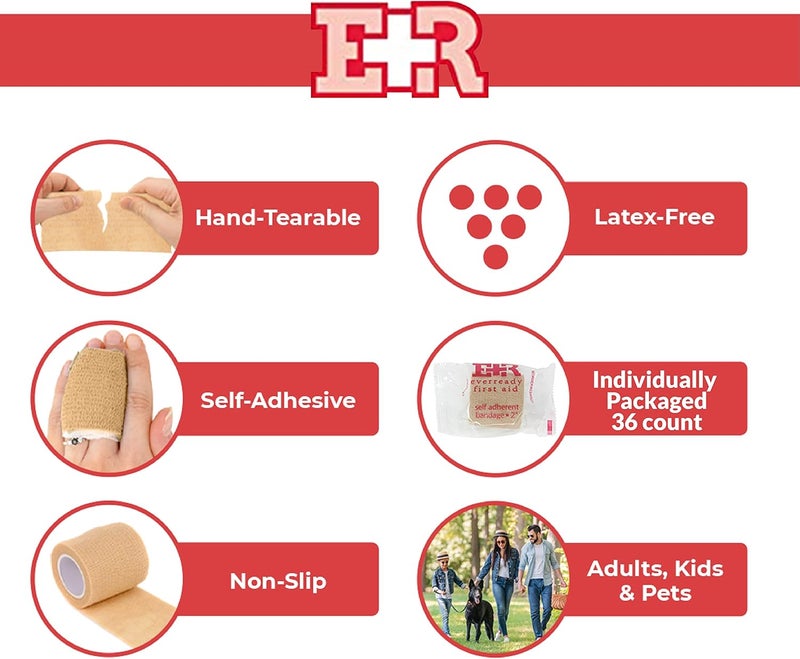 Ever Ready First Aid Self Adherent Cohesive Wrap Bandages 2 x 5 Yards for First Aid Sprains Swelling Sports Pets Tan  36 Count - Image 2