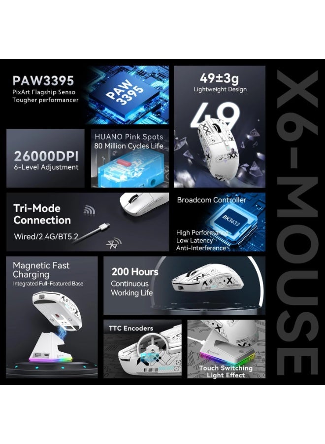 Attack Shark X6 Tri-Mode Wired/Wireless 2.4GHz/BT5.2Gaming Mouse with RGB Backlight Charging Base, 26K DPI, PAW3395 Optical Sensor Lightweight 49G - Image 3