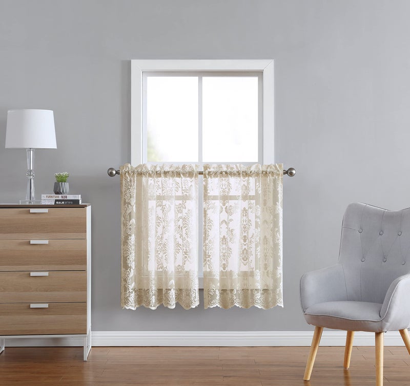 LinenZone Lace Kitchen Curtains Lace Window Treatment for Kitchen or Small Window Lace Tiers Can Be Combined with Matching Swags or Valance for a Charming Farmhouse Look Fiona 30 x 36 Linen