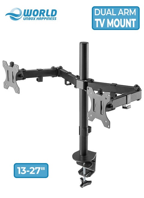 Dual Arm Ultra-Wide LCD LED Clamp Base Monitor Desk Mount Accommodates 2 Screens and Supports 27" VESA with Heavy Duty, Adjustable Telescoping Arms for Effortless Swivel