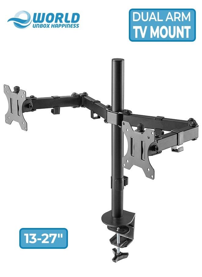 Eworld - Dual Arm Ultra-Wide LCD LED Clamp Base Monitor Desk Mount Accommodates 2 Screens and Supports 27" VESA with Heavy Duty, Adjustable Telescoping Arms for Effortless Swivel - Image 1
