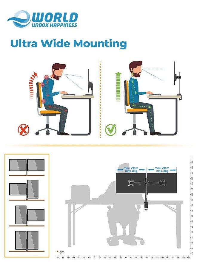 Eworld - Dual Arm Ultra-Wide LCD LED Clamp Base Monitor Desk Mount Accommodates 2 Screens and Supports 27" VESA with Heavy Duty, Adjustable Telescoping Arms for Effortless Swivel - Image 1