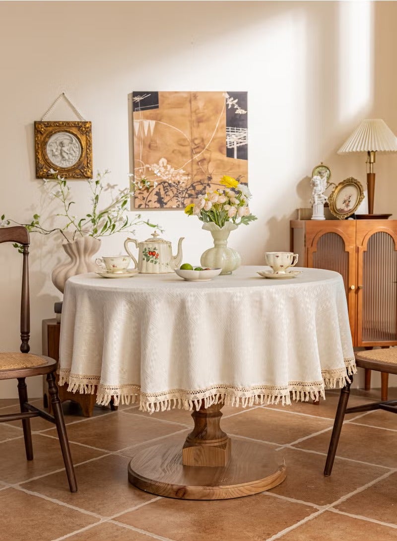 شو وو مفرش طاولة دائري من القطن والكتان وغطاء طاولة مقاوم للماء، مفرش طاولة ناعم ومضاد للتجاعيد مع شرابات، للمنزل والمطبخ والحفلات والباحة الداخلية والخارجية - Image 1