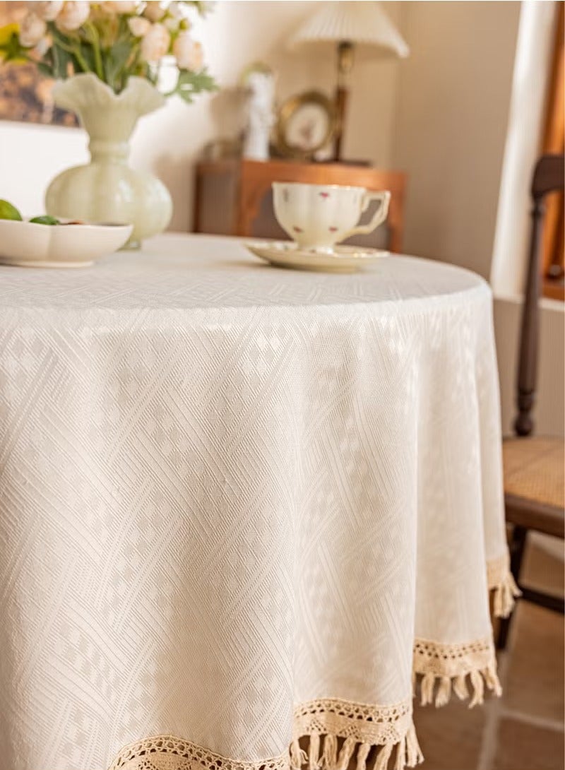شو وو مفرش طاولة دائري من القطن والكتان وغطاء طاولة مقاوم للماء، مفرش طاولة ناعم ومضاد للتجاعيد مع شرابات، للمنزل والمطبخ والحفلات والباحة الداخلية والخارجية - Image 4