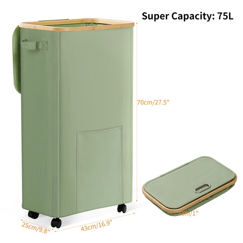 Vincona Laundry Basket with Wheels, Dirty Clothes Hamper on Wheels, Rolling Tall Laundry Hamper with lid for Laundry Room, Dorm and Bathroom, 75L Sage Green - Image 2