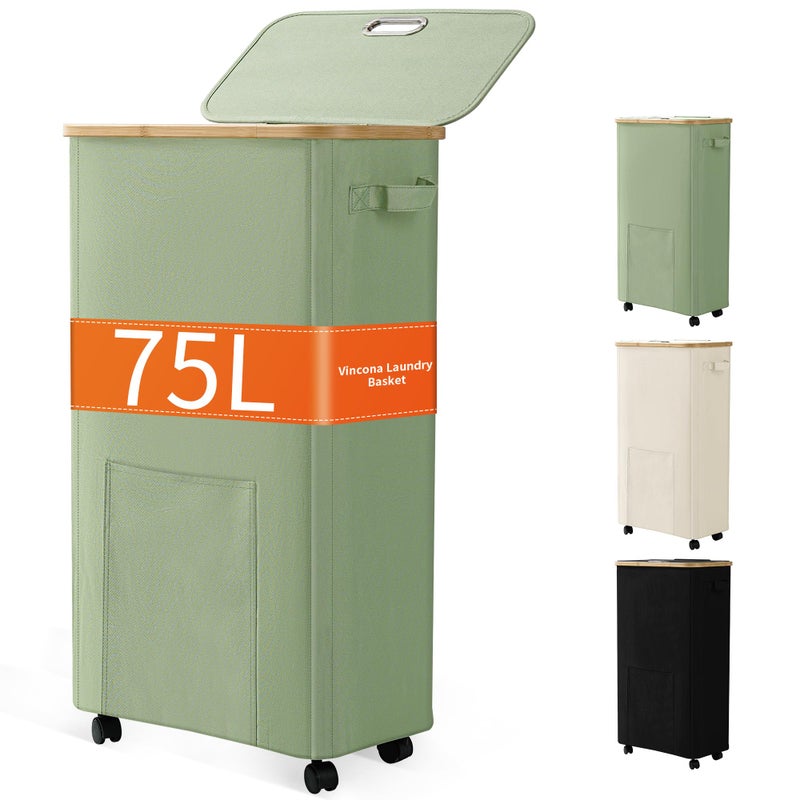 Vincona Laundry Basket with Wheels, Dirty Clothes Hamper on Wheels, Rolling Tall Laundry Hamper with lid for Laundry Room, Dorm and Bathroom, 75L Sage Green - Image 1