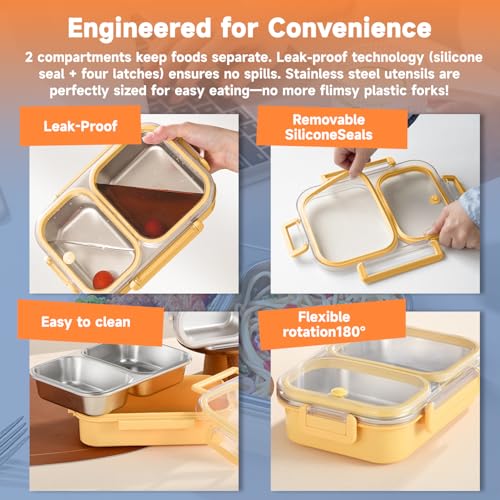 GUDGI 304 Stainless Steel Lunch Box for Kids & Adults - Leakproof 2 Compartment Bento Box (25oz) - Dishwasher Safe Meal Prep Container for School, Office, Outdoor (yellow) - Image 5
