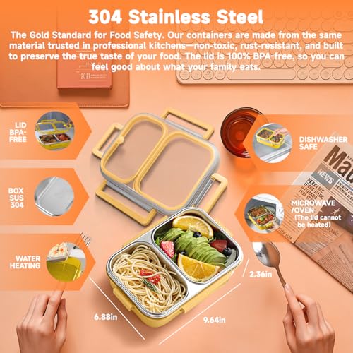 GUDGI 304 Stainless Steel Lunch Box for Kids & Adults - Leakproof 2 Compartment Bento Box (25oz) - Dishwasher Safe Meal Prep Container for School, Office, Outdoor (yellow) - Image 2