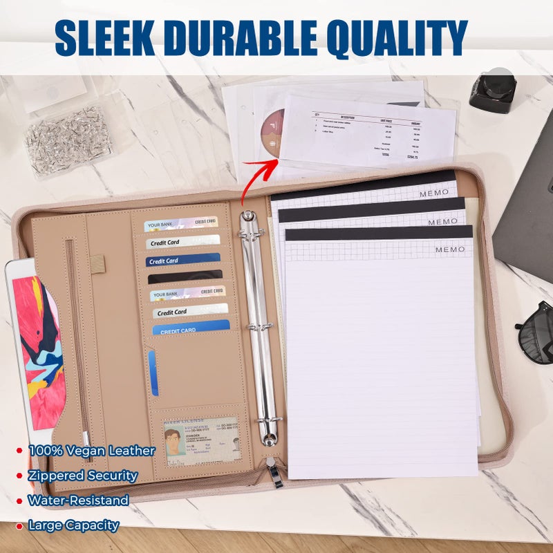 Sbrinnaliao 3-Ring Padfolio Portfolio Binder Organizer,PU Leather Folder Binder Business Planner Notebook Zippered Portfolio for Women/Men with Document Sleeve,Letter/A4 Size Clipboard - Image 5