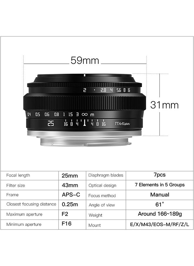 TTArtisan - TTArtisan 25mm f2 APS-C Lens Manual Focus Mirrorless Camera Compatiable with E Mount A5100 A6000 A6400 A6600 NEX-3 NEX-3N NEX-5T NET-5R NEX-5N NEX-7 A7II A7RII A7RV A7S A7C A9 A1 - Image 1