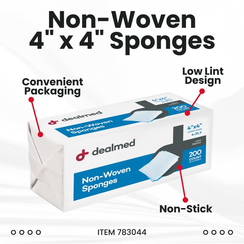 Dealmed Non-Woven Gauze Sponges - 4-Ply, 4" x 4" All-Purpose Non-Sterile Absorbent Dental Gauze Wound Care for First Aid Kit/Medical Facilities, 200 Count (Pack of 1) - Image 2