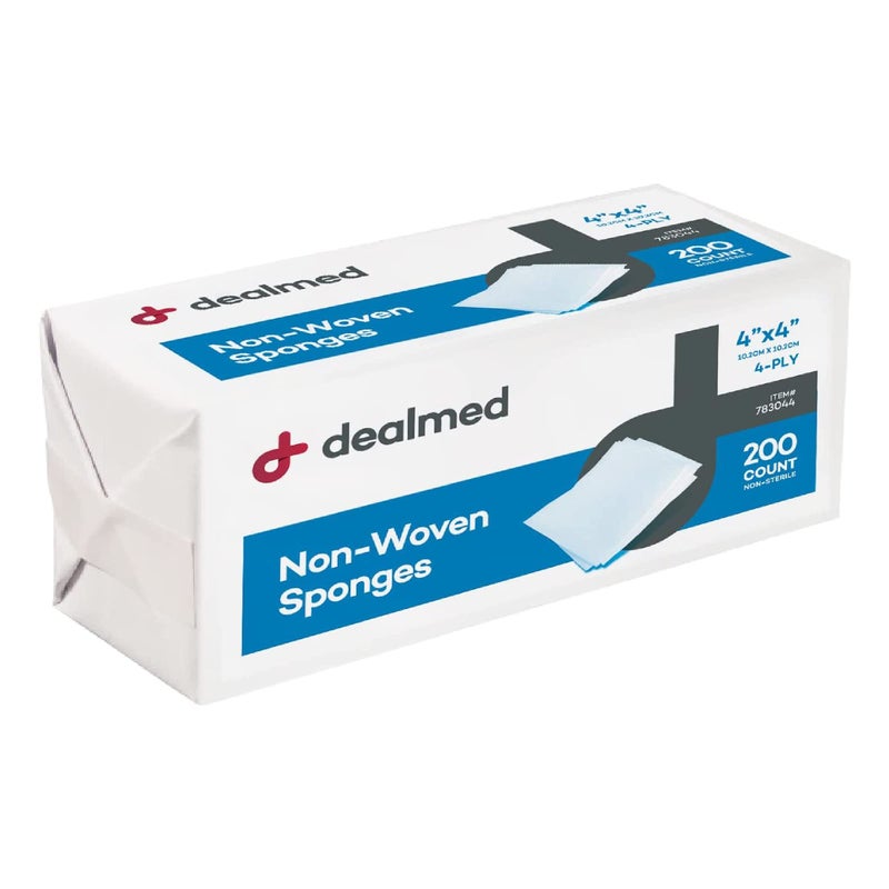 Dealmed Non-Woven Gauze Sponges - 4-Ply, 4" x 4" All-Purpose Non-Sterile Absorbent Dental Gauze Wound Care for First Aid Kit/Medical Facilities, 200 Count (Pack of 1) - Image 1