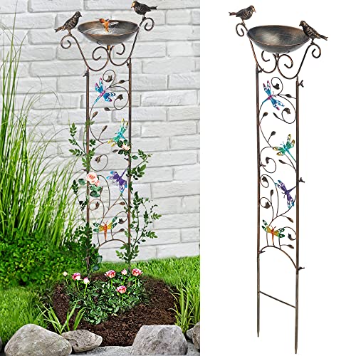LEWIS&WAYNE LEWISWAYNE Garden Trellis Bird Bath Outdoor 40 Inch Antique Iron Garden Plant Trellis Decorative with Dragonfly and Detachable Drinking Basin Bowl Free Standing BirdBath Birdfeeder Station - Image 1